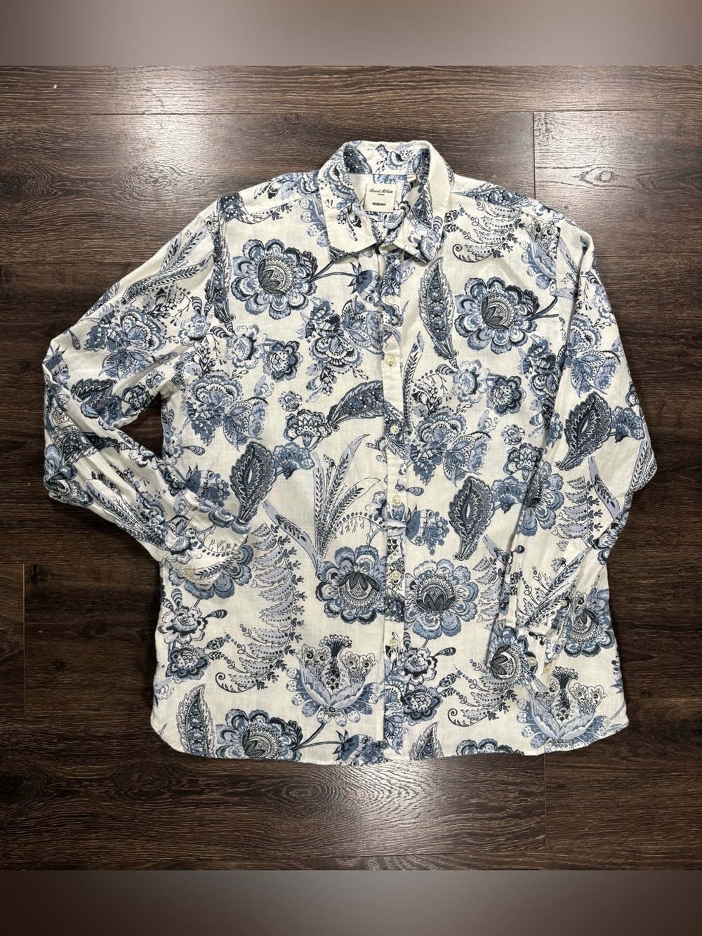 Baird McNutt Linen Long Sleeve Blue Floral Button Up Shirt Size Large